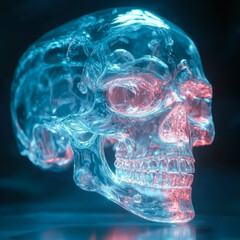 Human skull reflective background environment. Colorful iridescent neon spectrum
