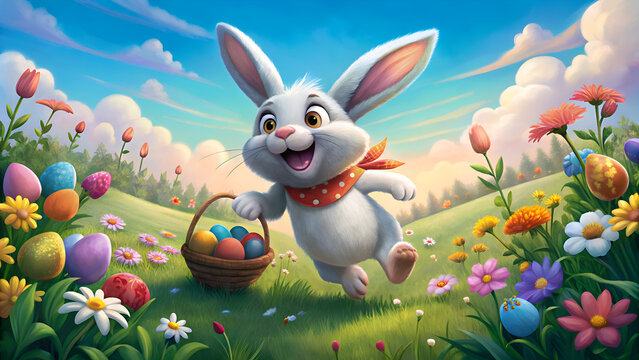 Cute cartoon Easter bunny carrying basket of colorful eggs in a spring meadow. Running happily with a red and white polka dot scarf. across a vibrant landscape of flowers and trees.