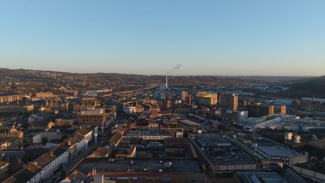 Aerial View of Huddersfield Town Center at Golden Hour, West Yorkshire
