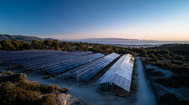 Beschreibung (&le;200 Zeichen):
Gro&szlig;e Photovoltaik-Freifl&auml;chenanlage in Landschaft bei Sonnenuntergang &ndash; nachhaltige Stromproduktion, Energiewende und moderne Infrastruktur f&uuml;r saubere Energie.