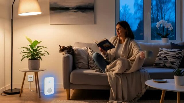 Woman reading a book and drinking tea in a cozy home with a pest repeller device. Indoor comfort with pest control for pet owner.