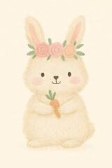 Obraz premium Cute rabbit watercolor illustration, Cute rabbit wall art print. Whimsical nursery illustration, pastel blue background. Vintage nursery animal art, soft hand painted style for kids room decor