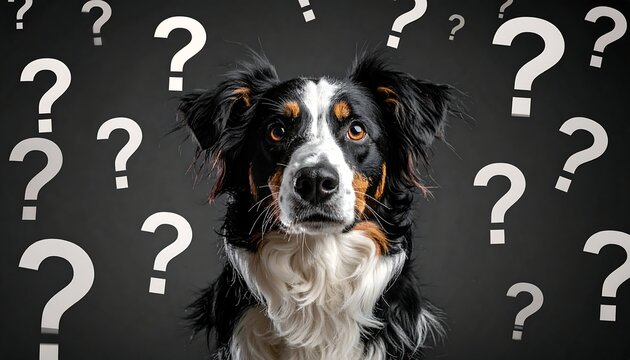 Dog portrait with question marks illustrating curiosity problem solving and playful thinking in creative animal imagery