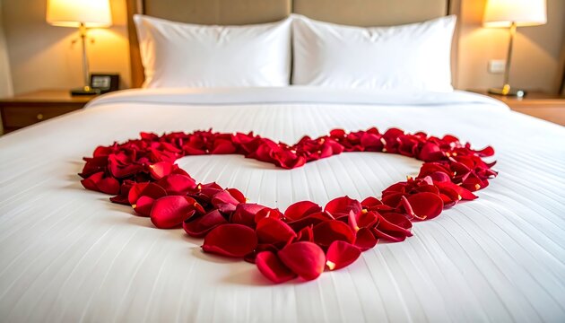 Hotel bed decorated with rose petals forming heart shape representing romance luxury hospitality and intimate celebration concept