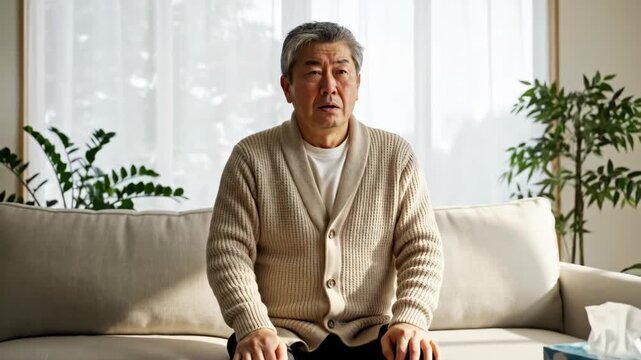Unwell senior asian man coughing at home