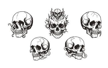 Fototapeta premium Black White Halftone Halloween Skull Stipple Set 5 Sketch Vintage Photocopy-Creepy Skull Surreal Ink Single Illustration - Halloween Skull Set