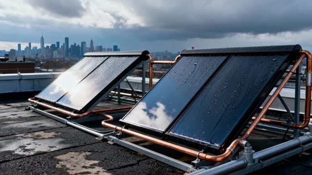 Cloudy day medium view of rooftop solar arrays generating thermal energy to preheat water with diffused light casting soft shadows on the setup.