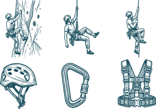 Hand drawn rock climbing vector set with climbers safety gear helmet carabiner and climbing harness.