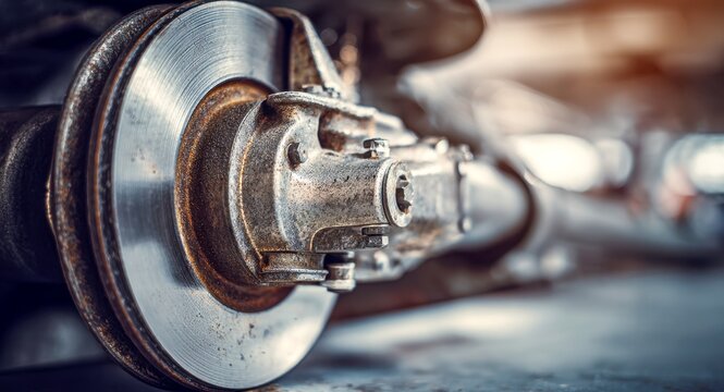 Detailed view of a rusty metallic vehicle brake disc rotor and caliper underbody part with worn surfaces and mechanical components in a workshop setting