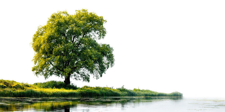 Large lush tree by a calm riverbank, isolated on transparent cutout background