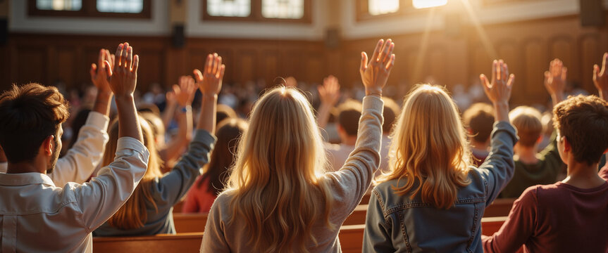 Community members raising hands during Easter Religious Service  