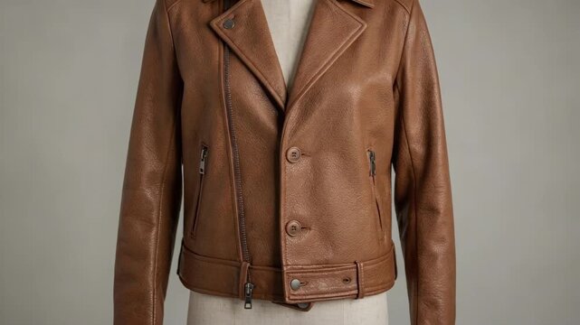 Medium shot of a sleek sustainable biotanned leather jacket showcasing environmentally friendly plantbased tanning with a rich natural texture and modern design details.