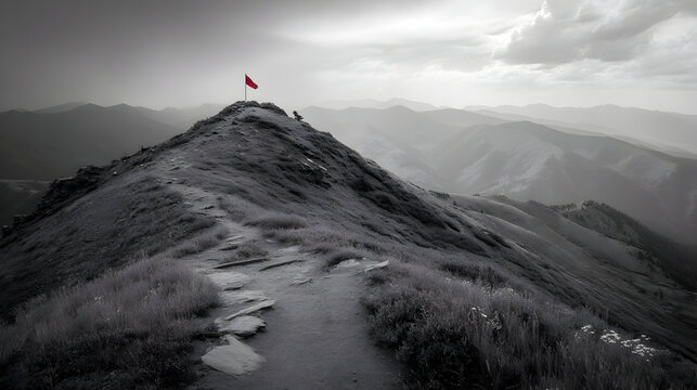 A lone vibrant red flag proudly stands on the rugged peak of a dramatic grayscale mountain, symbolizing achievement, the culmination of a challenging journey, and ultimate success