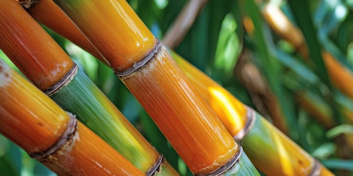 The Sugarcane Stalks Closeup Showing Vibrant Orange And Green Fibrous Plant Texture