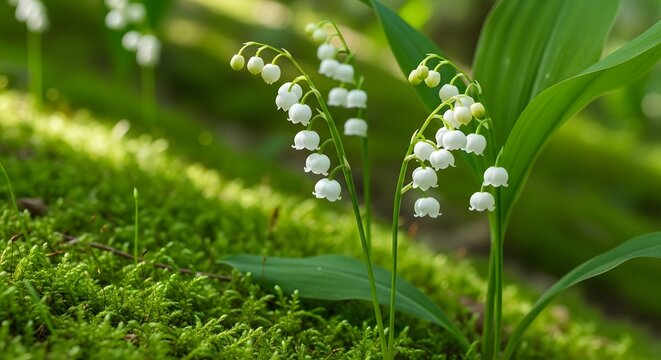 Lily of the valley flowers blooming in a lush green forest