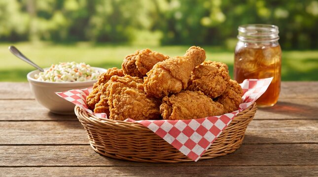 Crispy golden fried chicken pieces served in a rustic woven basket lined with a red and white checkered napkin, accompanied by a side of creamy coleslaw and a glass of iced tea