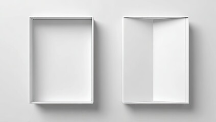 Two empty white rectangular boxes, one closed, one open, on a white surface