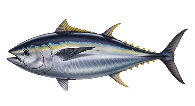 Detailed Illustration of a Yellowfin Tuna Fish on White Background marine life seafood