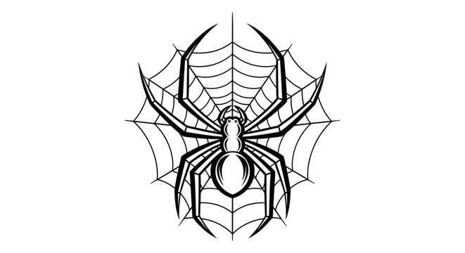 Black and white vector illustration of a spider and its web on white background
