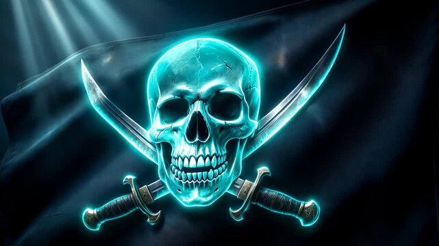 Glowing skull and crossed swords on black pirate flag dramatic lighting background, symbol of danger adventure and rebellion