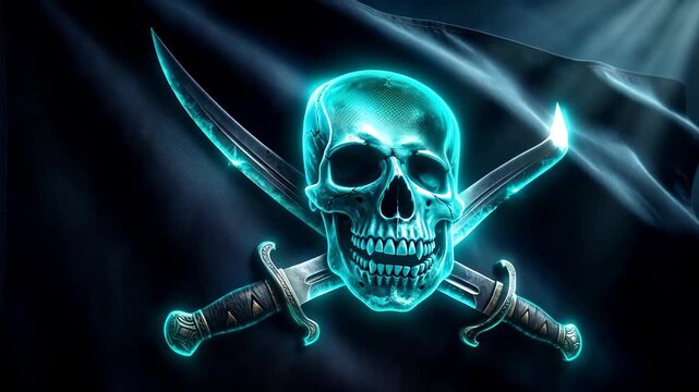 Glowing neon skull and crossed swords pirate flag waving in the dark dramatic scene