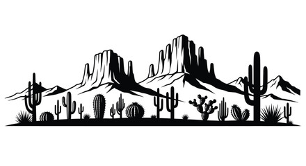 Desert landscape featuring cacti and mountains a striking silhouette © MdGolam