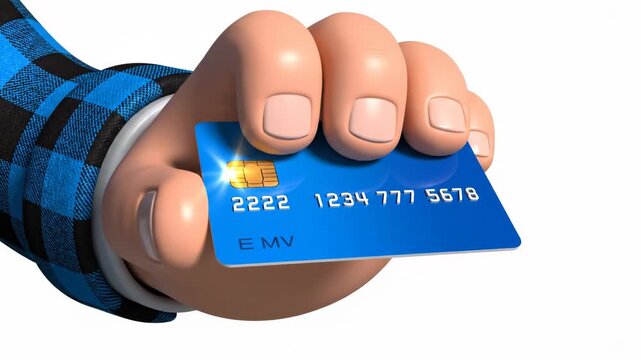 Hand holding a blue credit card on a white background