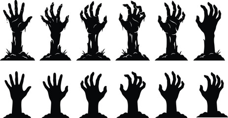Fototapeta premium Zombie Hands Silhouette Set Emerging from Ground in Creepy Halloween Horror Style Isolated on White Background