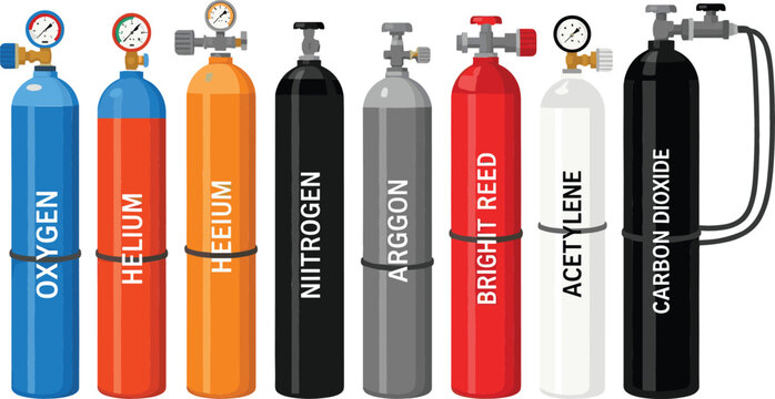 Set of industrial gas cylinders for oxygen helium nitrogen argon acetylene and carbon dioxide storage and supply