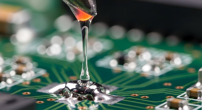 Solder being applied to a circuit board with a soldering iron
