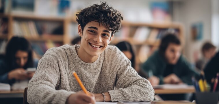 The student smiling while taking notes in a bright modern classroom setting
