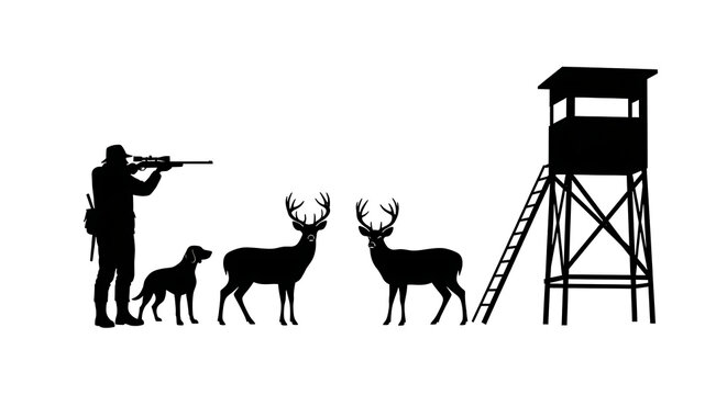 Hunter with rifle and dog near deer and hunting blind