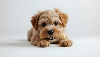 A small, adorable puppy lies on a white surface, chewing on a bone in a studio setting.