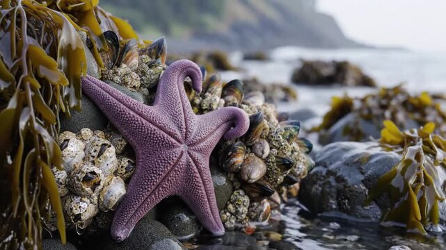Starfish and sea life on rocky shore during low tide near Pacific coast