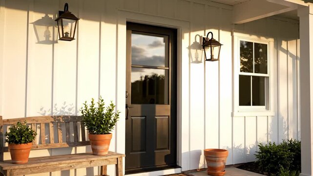A beautiful farmhouse front porch with a black door and wooden bench in a time lapse sequence. The changing sunlight from day to evening highlights the home's inviting curb appeal