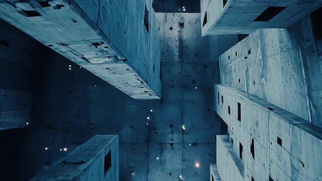 Brutalist architecture featuring monolithic concrete blocks forming an abstract, geometric pattern from a low angle perspective, creating a dystopian and textured urban landscape