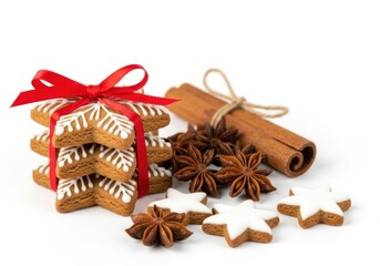 Gingerbread cookies and spices on white background isolated on white background