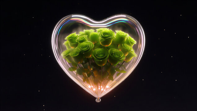 Light green roses inside a transparent balloon illuminated from below with LED lights, elegant glowing floral arrangement, luxury gift concept, dark background.