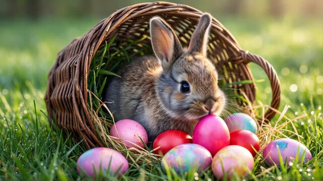 Adorable bunny with colorful easter eggs in a wicker basket on lush green grass springtime holiday celebration
