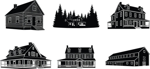 Black vector silhouette set of various house styles including a log cabin farmhouse barn and suburban homes for real estate and residential branding © MdNoor