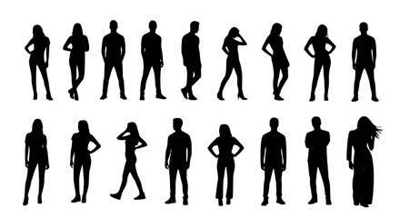 Vector silhouettes man and women, illustration. Silhouettes of young people posing in casual clothes. Transparent background PNG version.