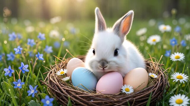 Adorable white bunny surrounded by colorful easter eggs in a flower meadow, springtime joy, cute animal concept