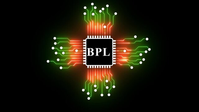 Abstract Glowing Neon Circuit Board Icon with BPL Text Icon Animation,Network Connection Abstract Digital Futuristic Circuit Board Concept.