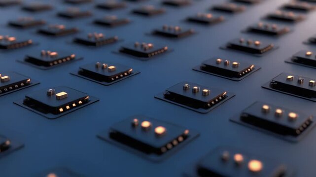 Microprocessors arranging into a grid, forming an advanced digital network architecture, symbolizing data processing, connectivity, and technological advancement in electronics and computing