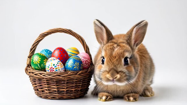 Adorable brown bunny with colorful easter eggs in a wicker basket spring holiday concept