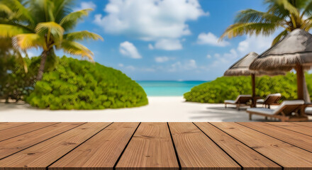 Fototapeta premium A serene beach scene with a wooden deck and palm trees