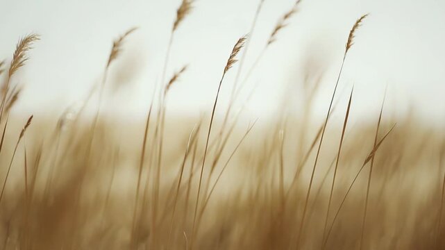 Golden reeds bending in a gentle breeze against a pale bright sky, evoking calm solitude and warm, tranquil light across an open natural fieldscape