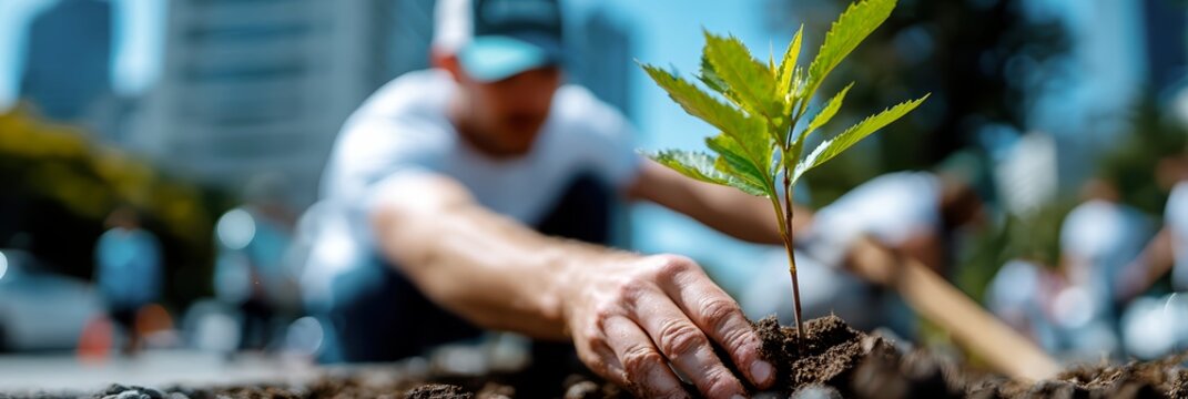 Business team planting young tree in city park with skyline background