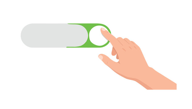 Hand interacting with modern green and grey electronic device with finger pressing button on white background illustration
