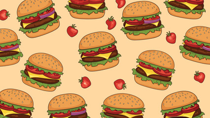 Fun and colorful seamless pattern of delicious cheeseburgers and fresh red strawberries over a warm cream colored background.